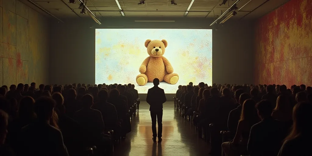 a large room filled with people and a teddy bear in the middle of the room with a large screen, Davi