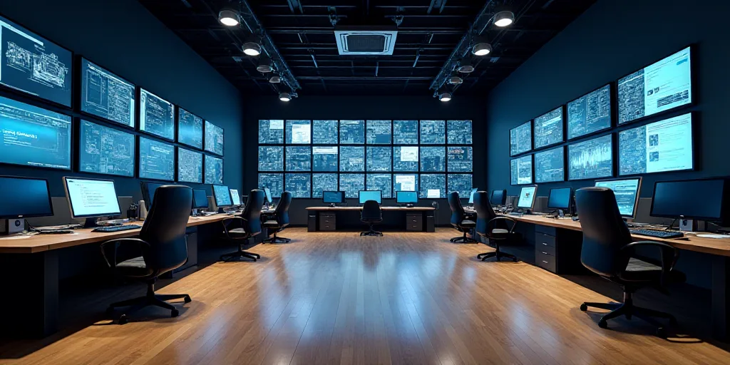 a large room with a lot of monitors and other equipment on it's walls and flooring and a wooden floo