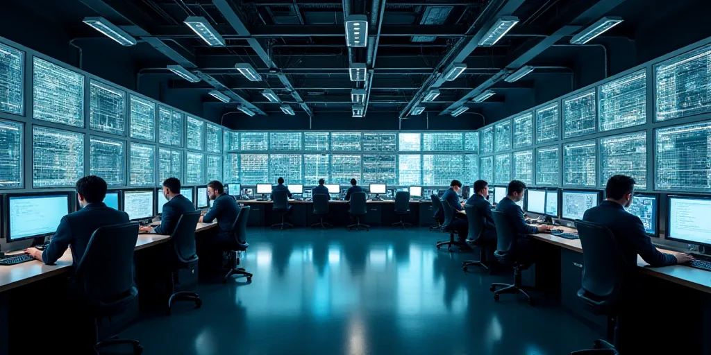 a large room with multiple monitors and tables in it's center area, with people working at tables, E