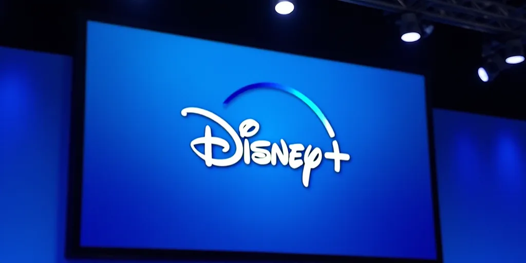 a large screen with the disney plus logo on it's side at a convention or showroom with a blue backgr