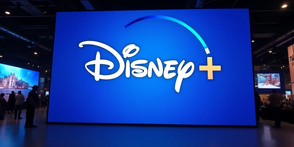 a large screen with the disney plus logo on it's side at a convention or showroom with a blue backgr