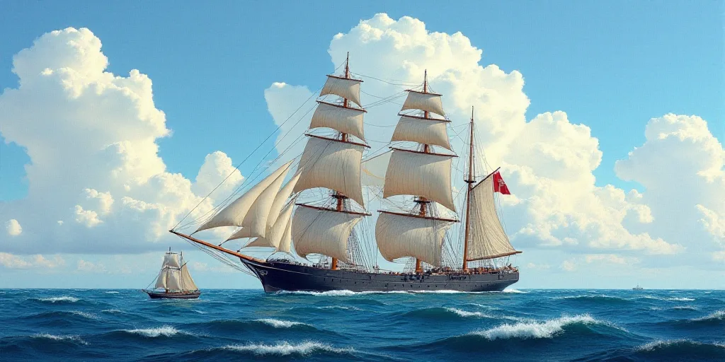 a large ship in the middle of the ocean with a sky background and clouds in the background, with a s