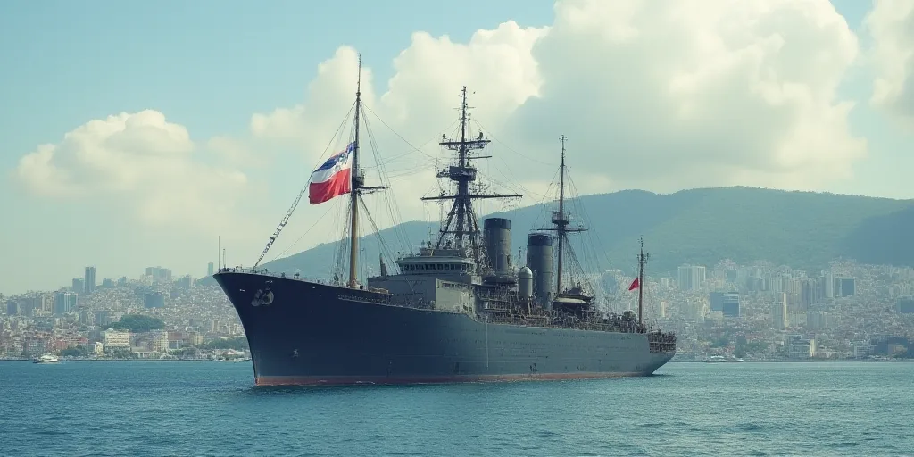 a large ship in the water with flags flying in front of it and a city in the background with a hill