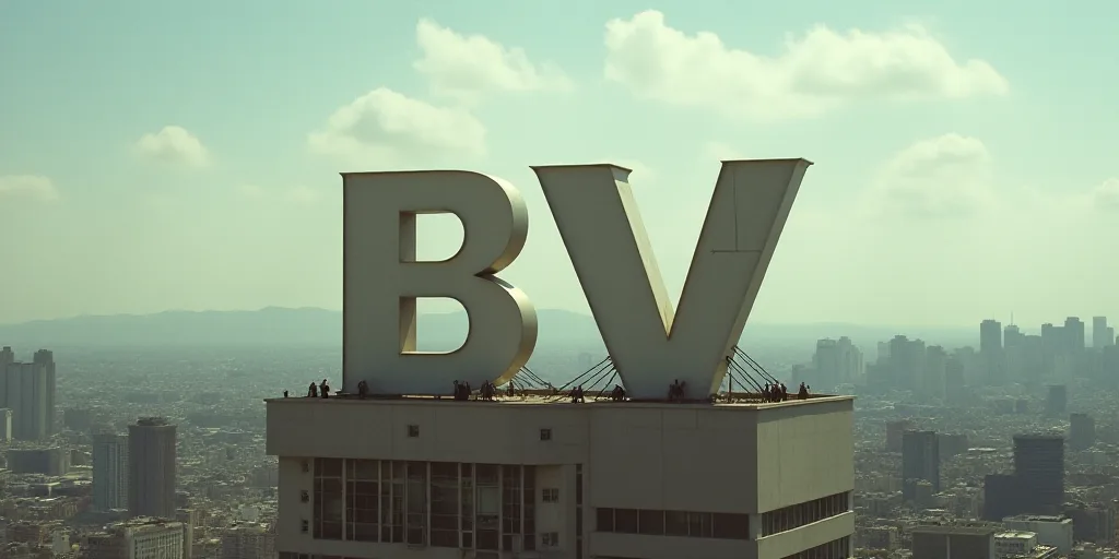 a large sign that is on top of a building with a city in the background and a building with a giant