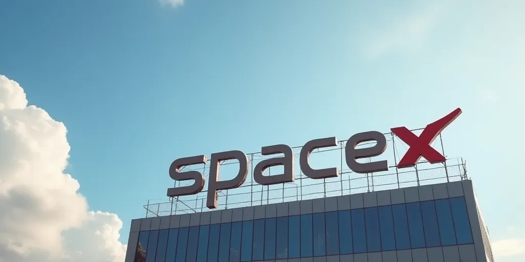 a large sign that says spacex on top of a building with a sky background and clouds in the backgroun
