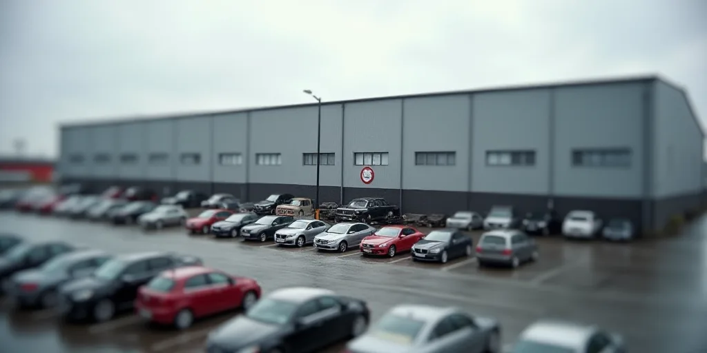 a large warehouse building with a lot of cars parked in front of it and a parking lot in front of it