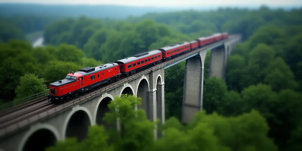 a long bridge with a train on it going over a bridge in the middle of a forest area with trees, Bela
