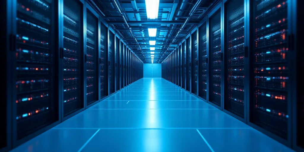 a long hallway with rows of servers in a data center with blue lights on the ceiling and flooring, A