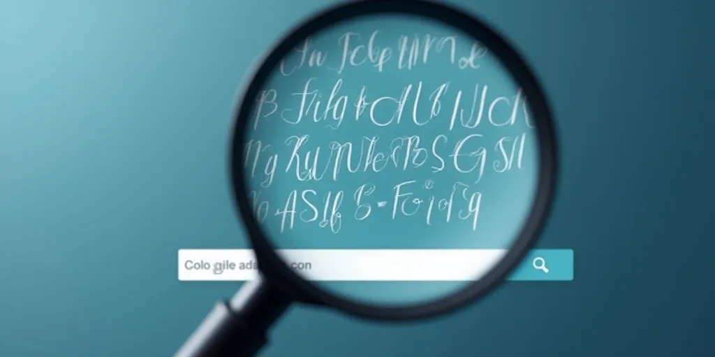 a magnifying glass is looking at the alphabet on a website page with a search bar below it, Andries