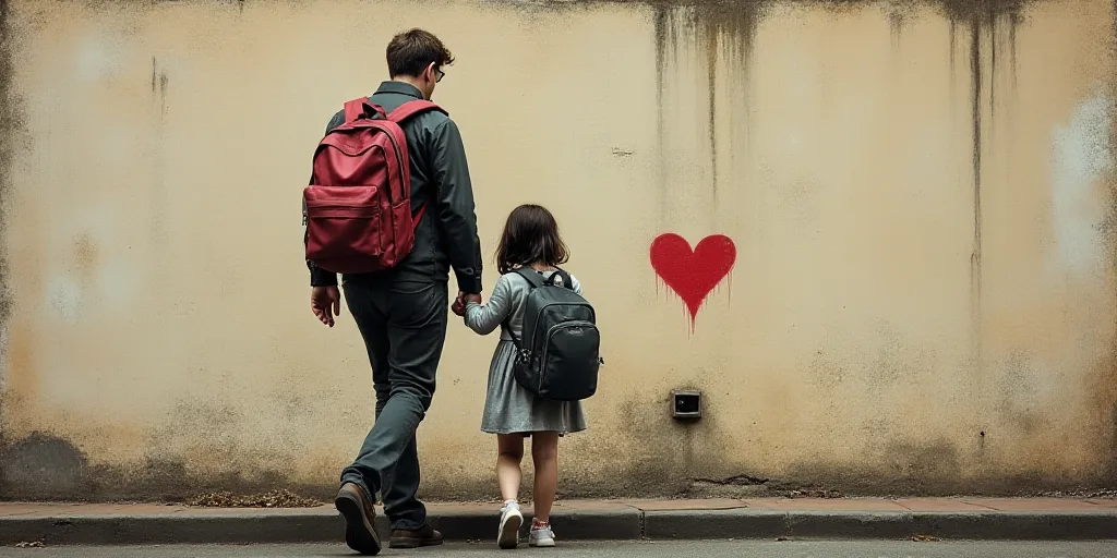 a man and a little girl walking down a street with a backpack on their back and a backpack on their