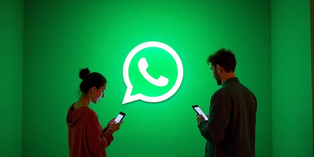 a man and a woman looking at their cell phones in front of a green whatsapp logo on a wall, Florence