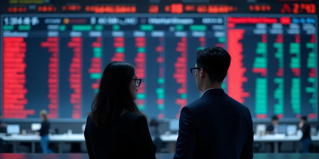 a man and a woman standing in front of a large display of stock prices in a market place with a lot