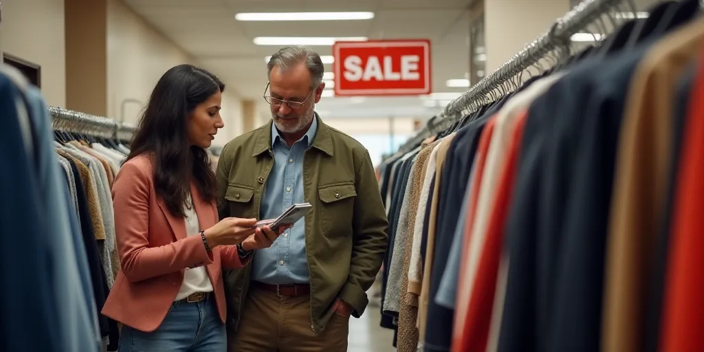 a man and woman are looking at clothing in a store with a sale sign in the background and a sale sig