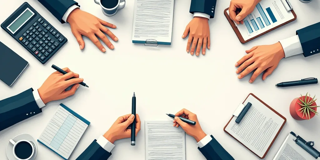 a man and woman are surrounded by office supplies and paperwork, including a pen, calculator, and a