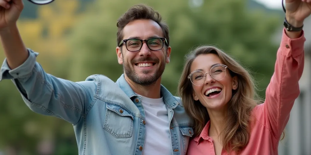 a man and woman holding up their glasses and smiling at the camera with their arms in the air and th