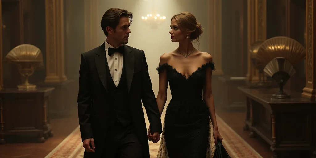 a man and woman in formal wear walking together in a room with a fan behind them and a fan behind th