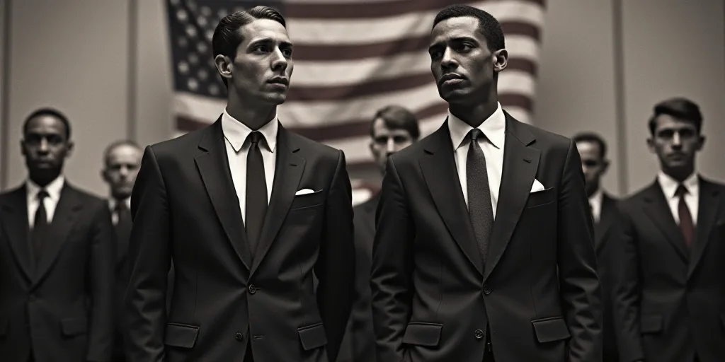 a man and woman in suits standing in front of a flag and other people in suits and ties and ties, Cl