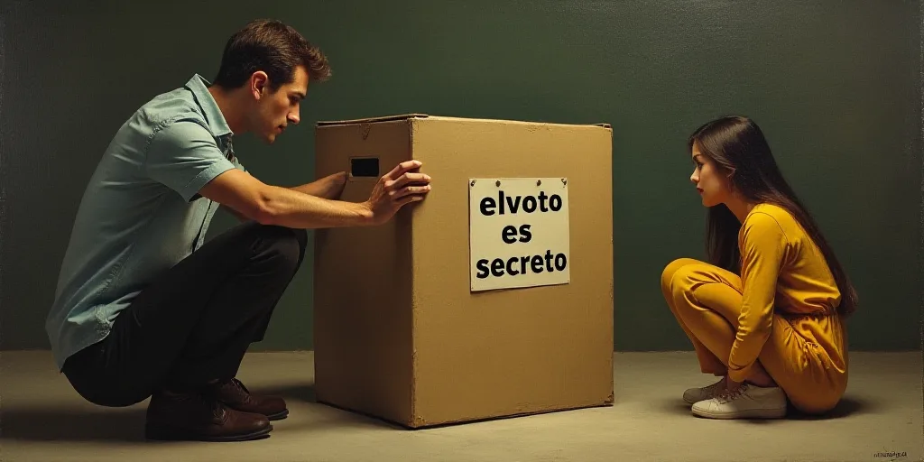 a man and woman looking at a box with a sign on it that says elvoto es secreto, Ada Gladys Killins,