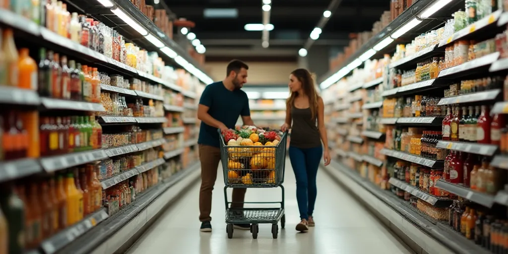 a man and woman pushing a shopping cart through a grocery store aisle with a cart full of drinks and