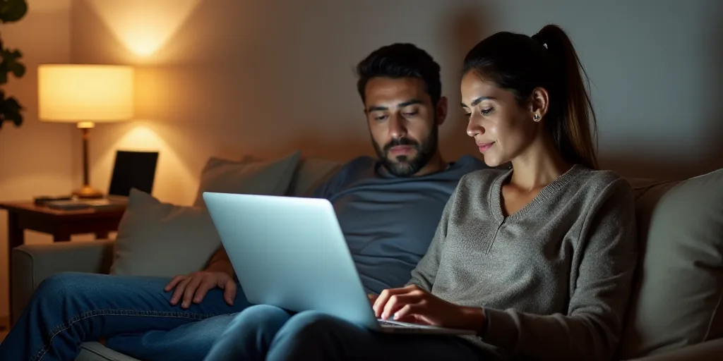 a man and woman sitting on a couch looking at a laptop screen with a woman sitting behind them looki