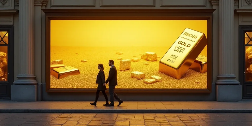 a man and woman walking past a billboard with gold bars on it's side, in front of a building, Évari