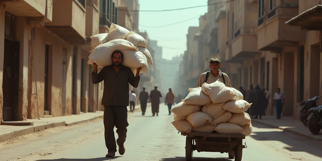 a man carrying a large amount of bags down a street next to a man pushing a cart with a large load o