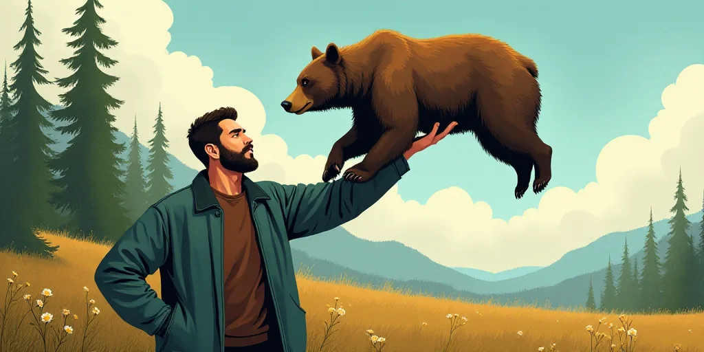 a man holding a bear on his arm in the air with trees in the background and a sky background, Clovis