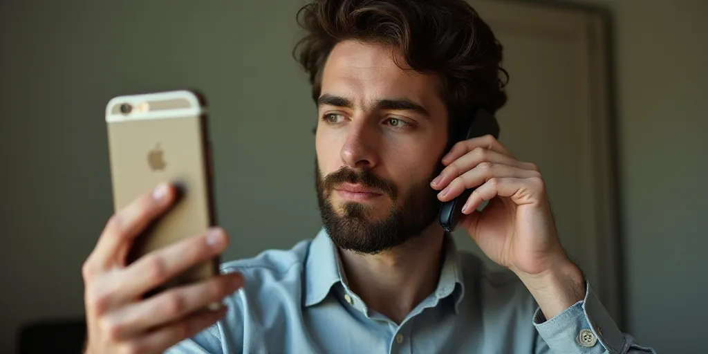 a man holding a cell phone up to his ear with a cell phone in his hand and a cell phone in his other