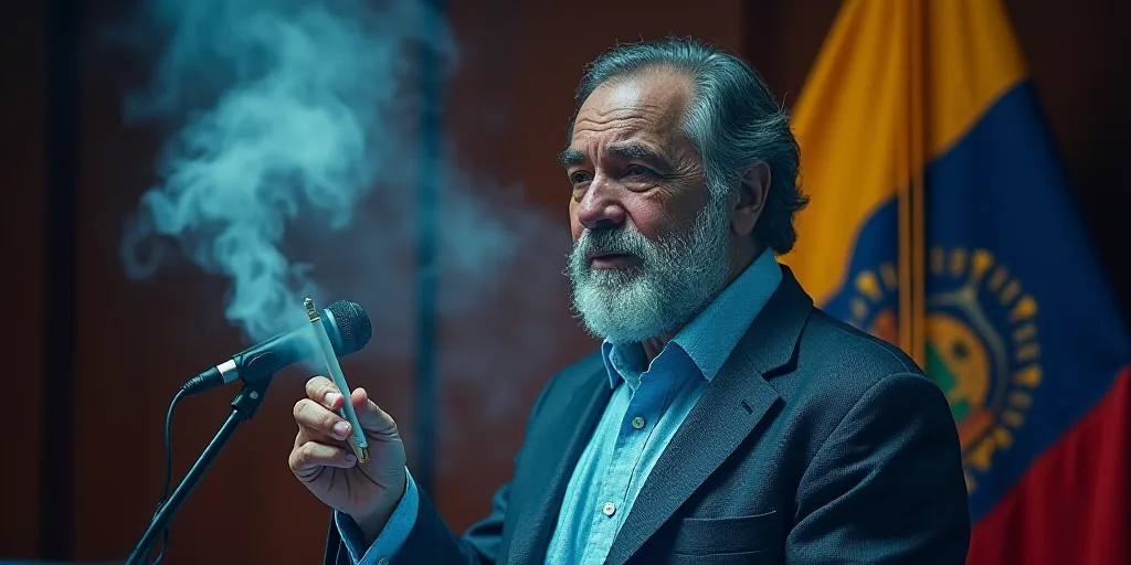 a man holding a cigarette in front of a microphone and a flag behind him with a pen in his hand, Car