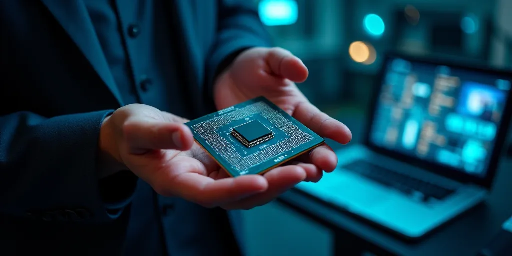 a man holding a computer processor in his hands and a laptop in the background with a lot of other e