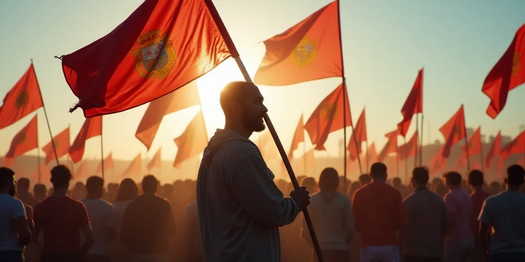 a man holding a flag and a flag pole in front of a crowd of people with flags in their hands, Aquira