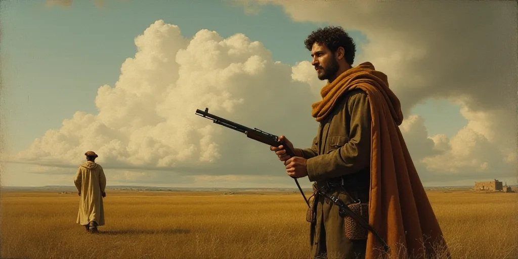 a man holding a gun in a field with a cloudy sky in the background and a person in the foreground, D