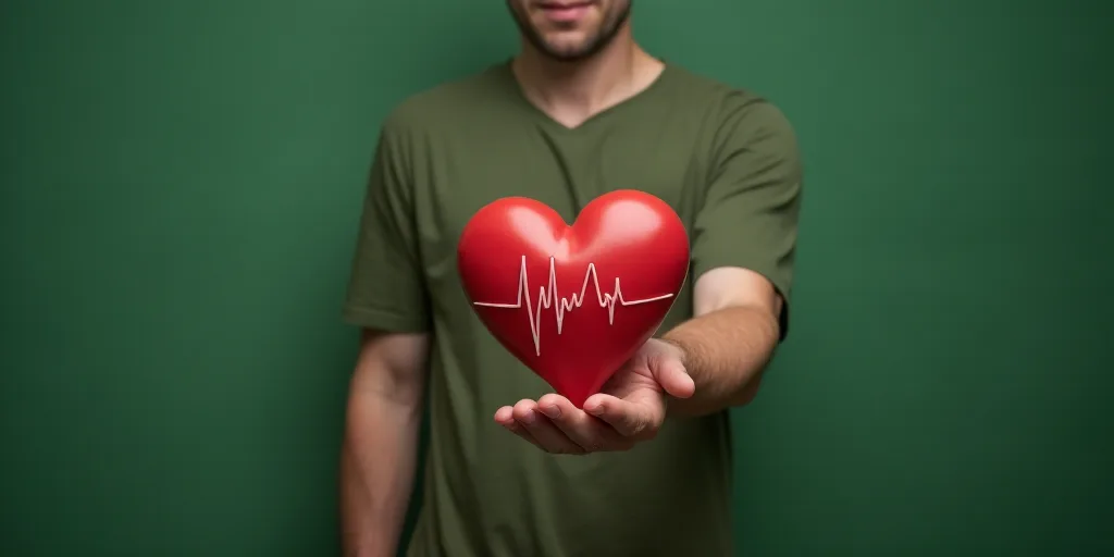 a man holding a heart in his hand with a heartbeat line on it and a green background behind him, Év