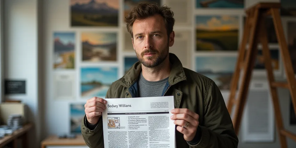 a man holding up a piece of paper in front of a wall with pictures on it and a ladder, Bedwyr Willia
