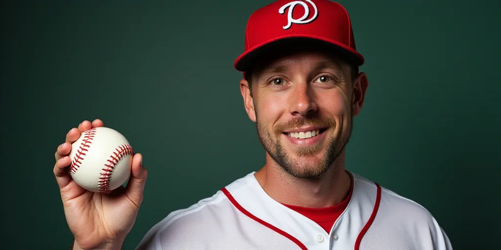 a man in a baseball uniform holding a baseball in his right hand and a baseball in his left hand, Br