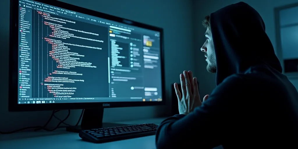 a man in a black hoodie is praying in front of a computer screen with a keyboard and mouse, Andries