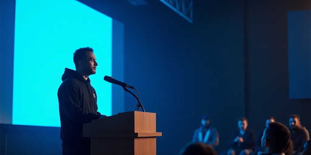 a man in a black hoodie is speaking at a podium with a microphone in front of him and a blue screen