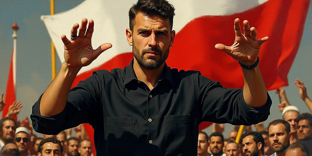 a man in a black shirt is making a gesture with his hands in front of him and a flag behind him, Dar