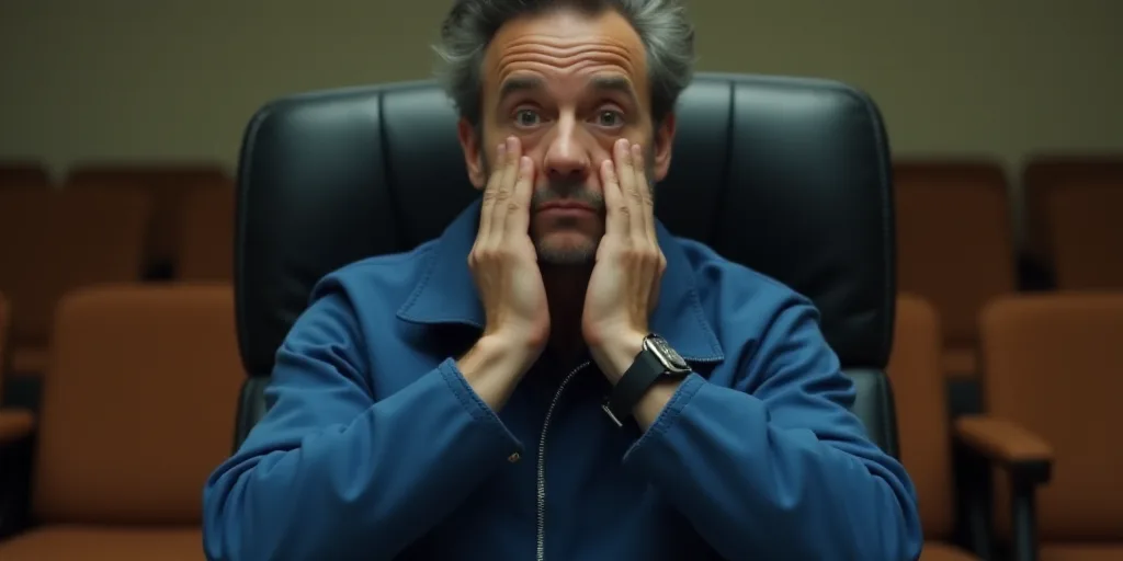 a man in a blue jacket is making a face with his hands and a black chair behind him is a brown chair