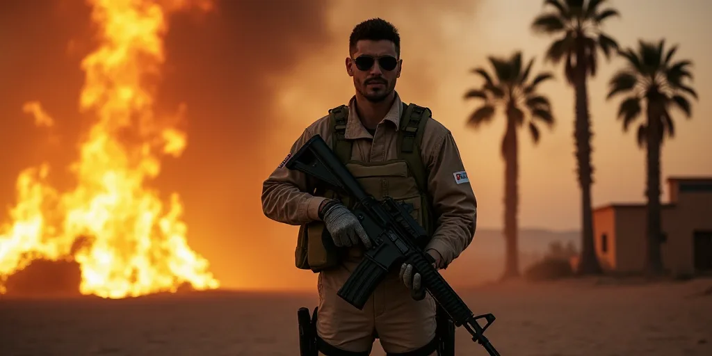 a man in a camouflage outfit holding a rifle in front of a fire filled area with palm trees and a bu