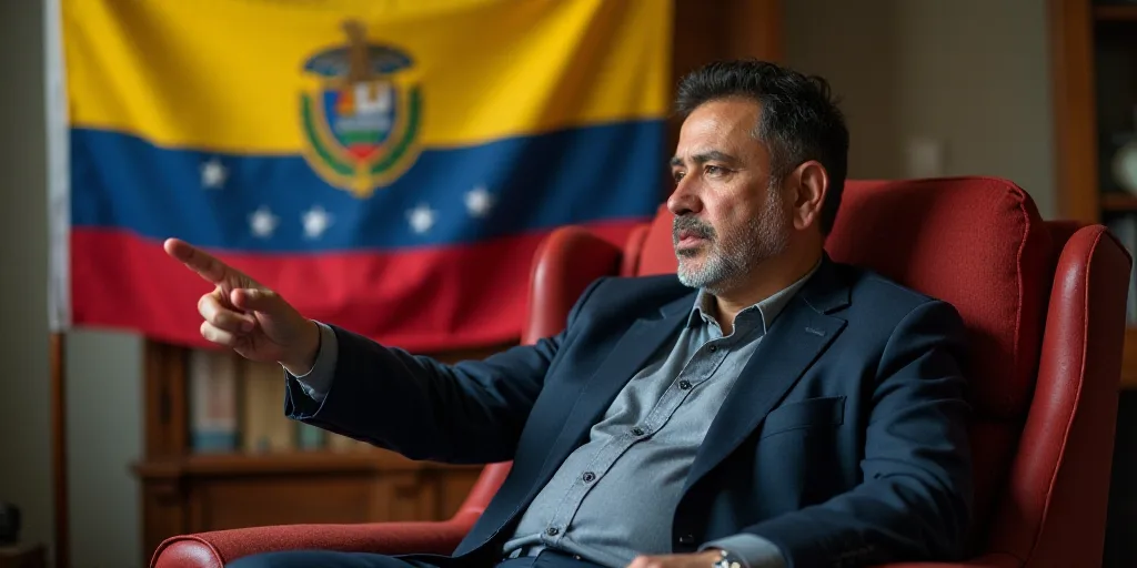 a man in a chair pointing at something with a flag in the background of him and a flag in the backgr