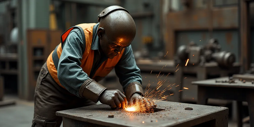 a man in a factory working on a piece of metal with a helmet on his head and a safety vest on, Alber