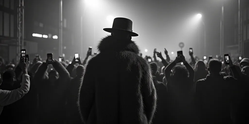 a man in a fur coat and hat standing in front of a crowd of people holding up cell phones, Dr. Atl,
