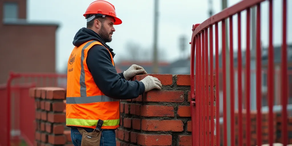a man in a hard hat and safety gear working on a building site with red bricks and a red fence, Coli