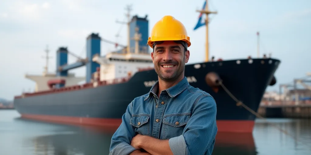 a man in a hard hat standing in front of a large ship with flags flying in the background of a harbo
