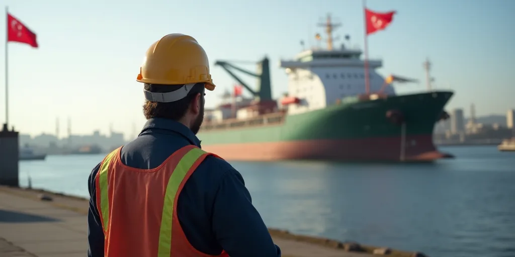 a man in a hard hat standing in front of a large ship with flags flying in the background of a harbo