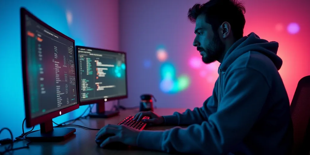 a man in a hooded sweatshirt typing on a keyboard and mouse with a colorful background of lights and