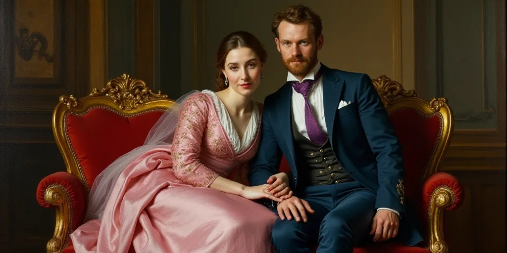 a man in a military uniform and a woman in a pink dress sitting on a gold chair with a man in a blue