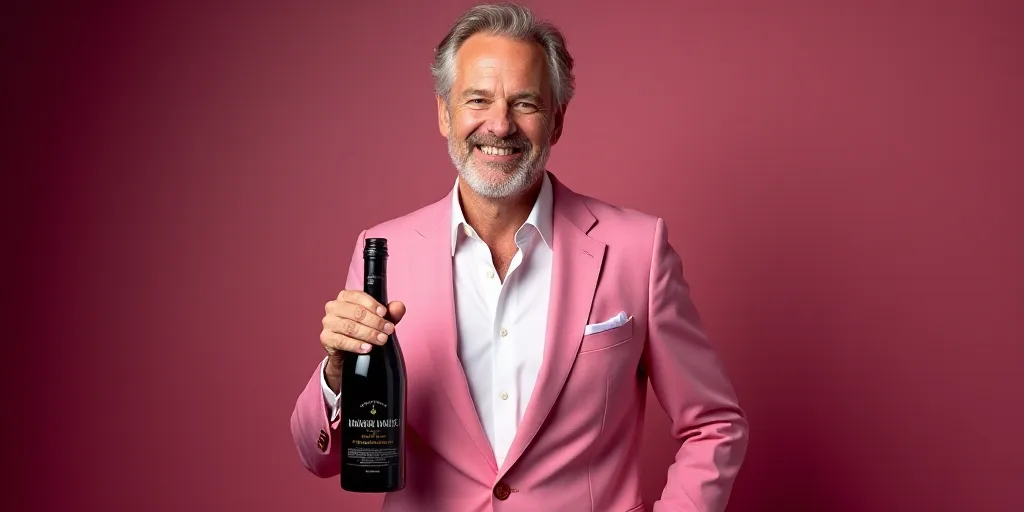 a man in a pink suit holding a bottle of wine and a microphone in his hand and smiling at the camera