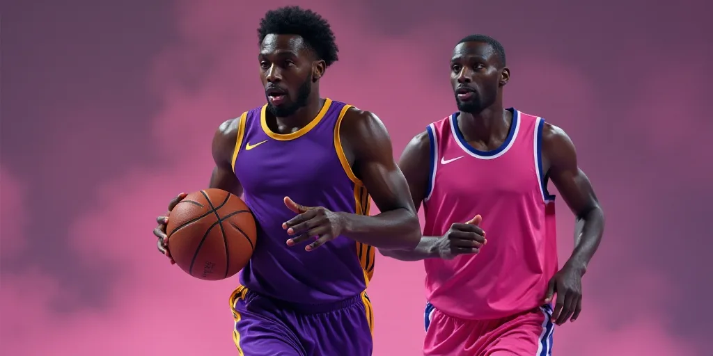 a man in a purple jersey is holding a basketball in his hand and a man in a pink jersey is running b